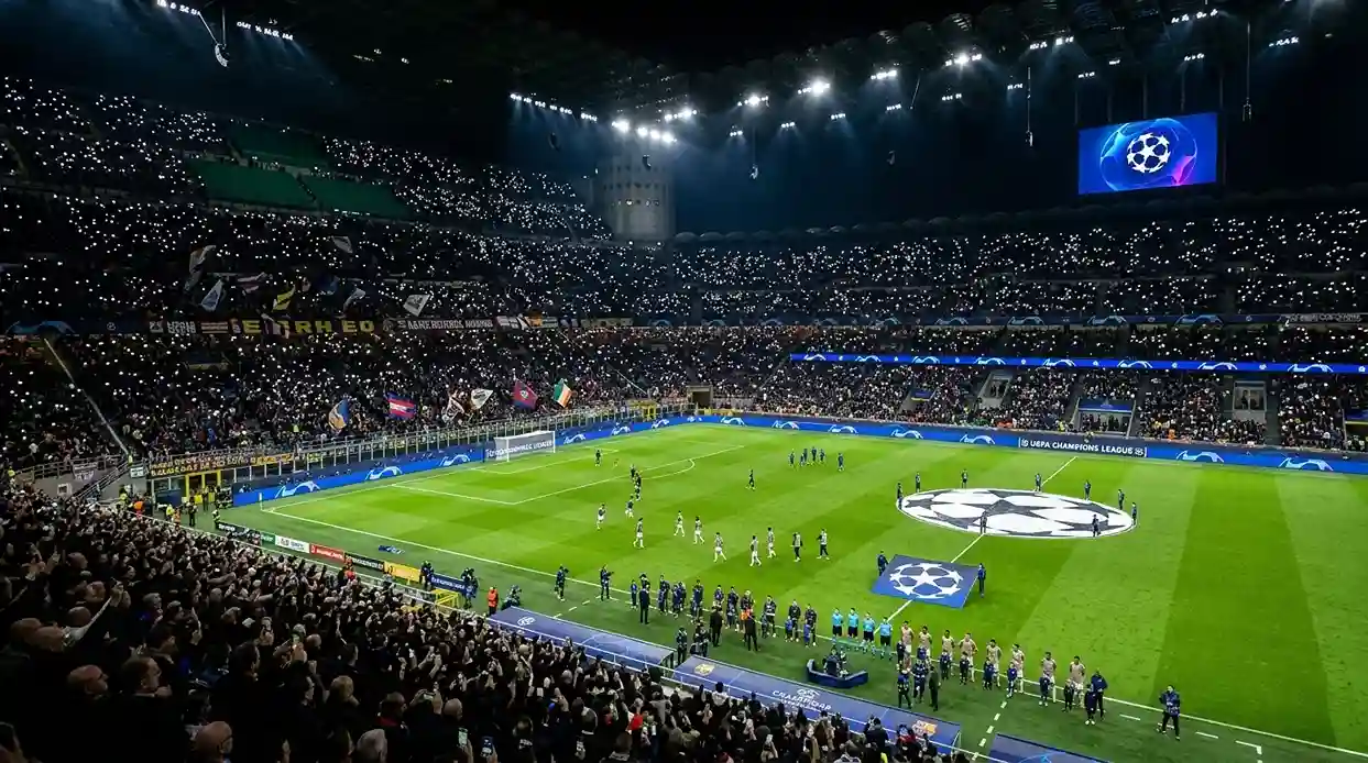 Champions League Atmosphäre mit Stadionlichtern und Fans
