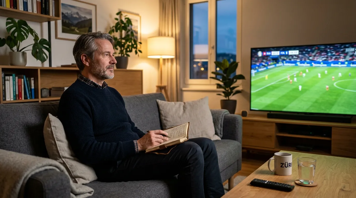 Konzentrierter Sportfan beobachtet ein Spiel ruhig und kontrolliert