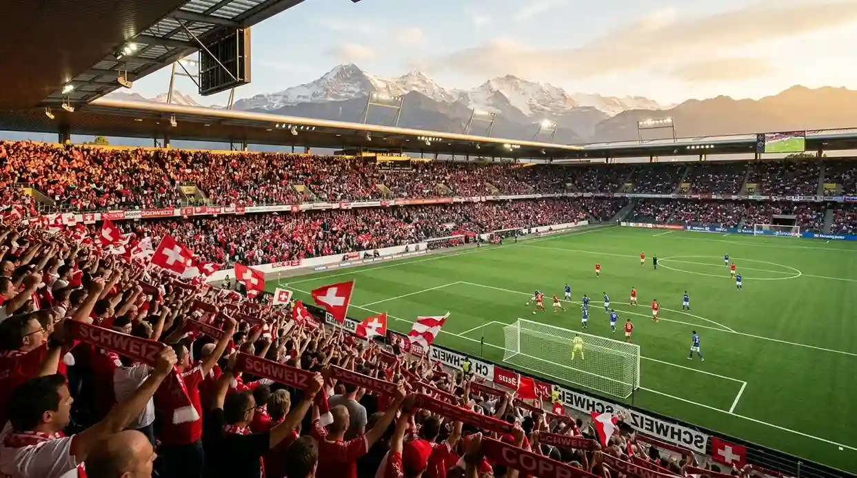 Fussballstadion in der Schweiz mit begeisterten Fans während eines Spiels
