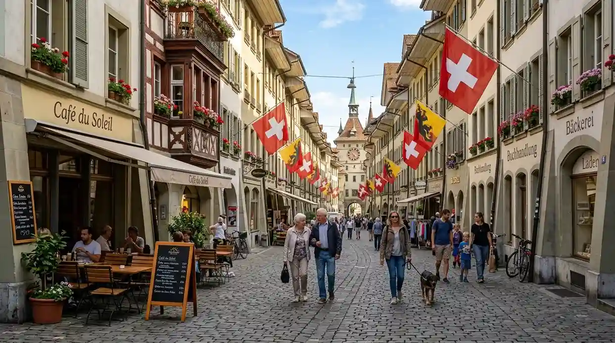 Schweizer Altstadt mit Menschen beim Flanieren an einem sonnigen Tag