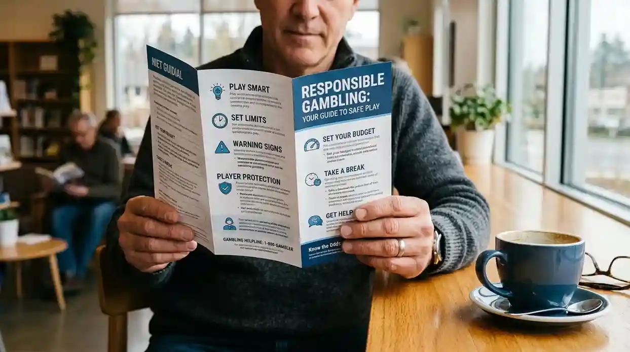Person liest Informationsbroschüre über verantwortungsvolles Spielen