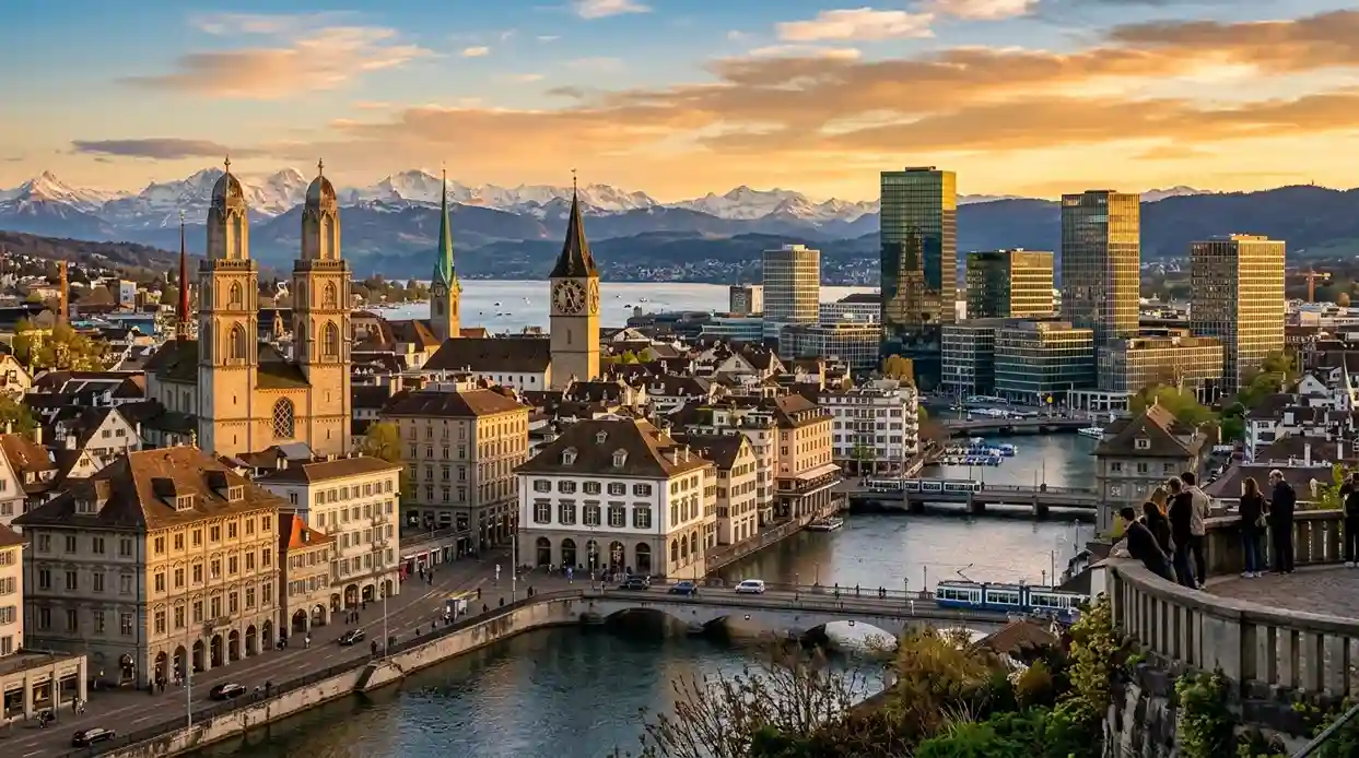 Moderne Schweizer Stadtansicht mit traditioneller und zeitgenössischer Architektur