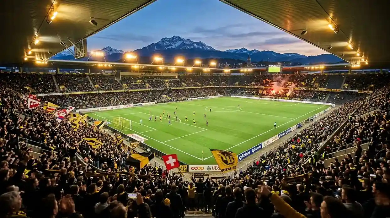 Schweizer Fussballstadion bei Abendbeleuchtung mit Blick auf das Spielfeld und die Tribünen