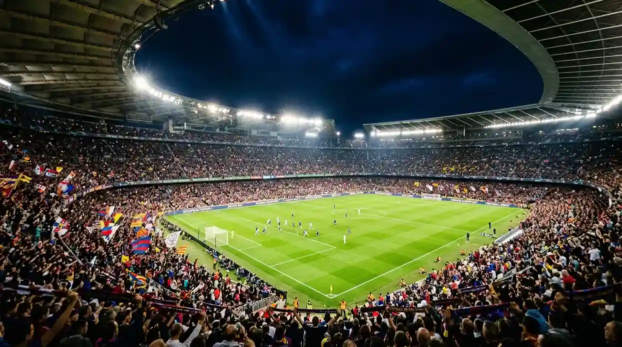 Europäisches Fussballstadion mit Flutlicht bei einem Abendspiel