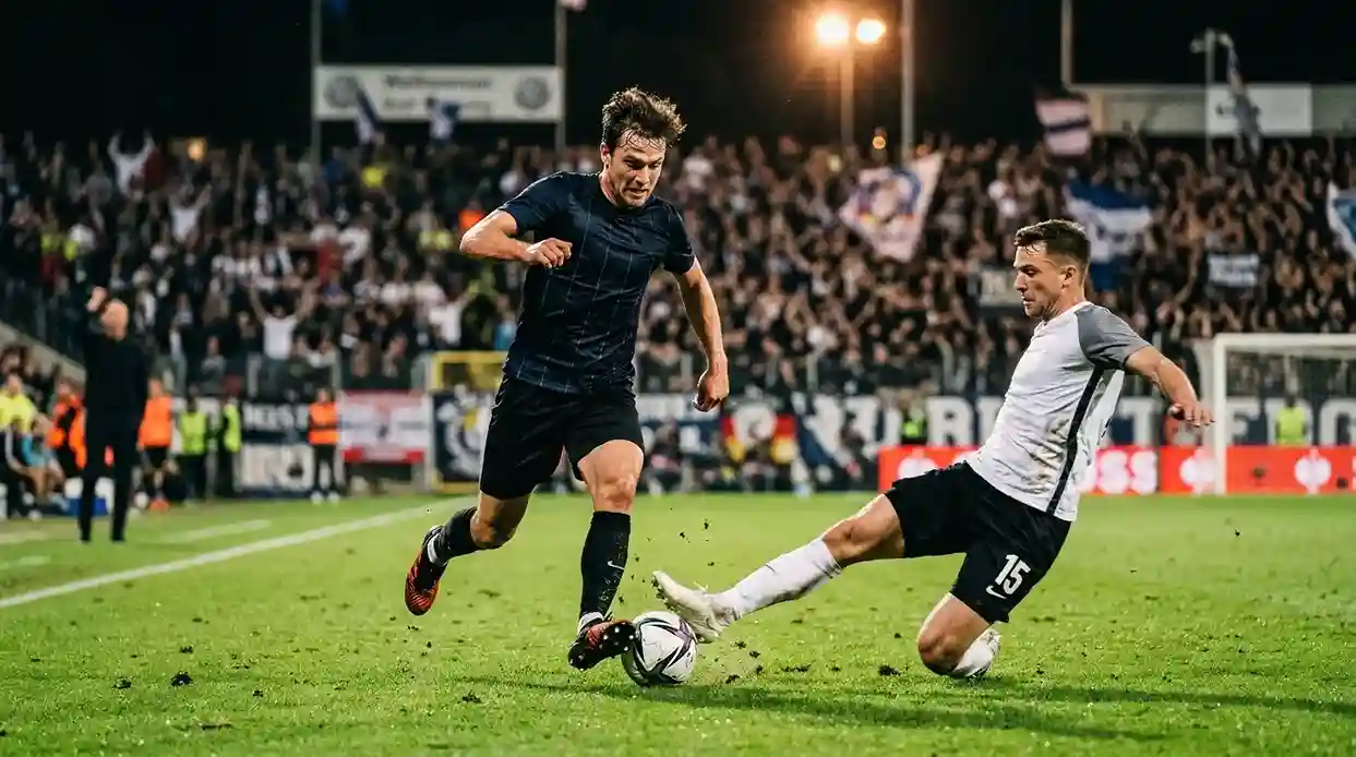 Dynamische Fussball-Spielszene mit zwei Spielern im Zweikampf um den Ball auf dem Rasen