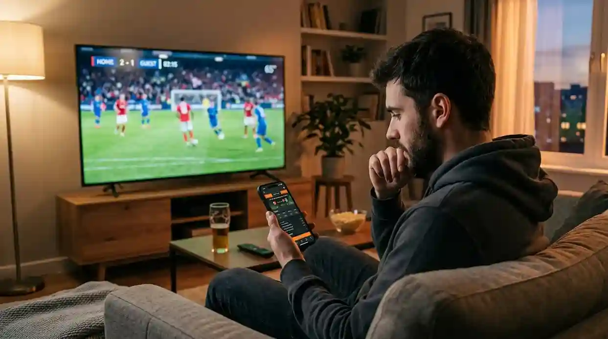 Fan verfolgt ein Fussballspiel live auf dem Smartphone während des Spiels