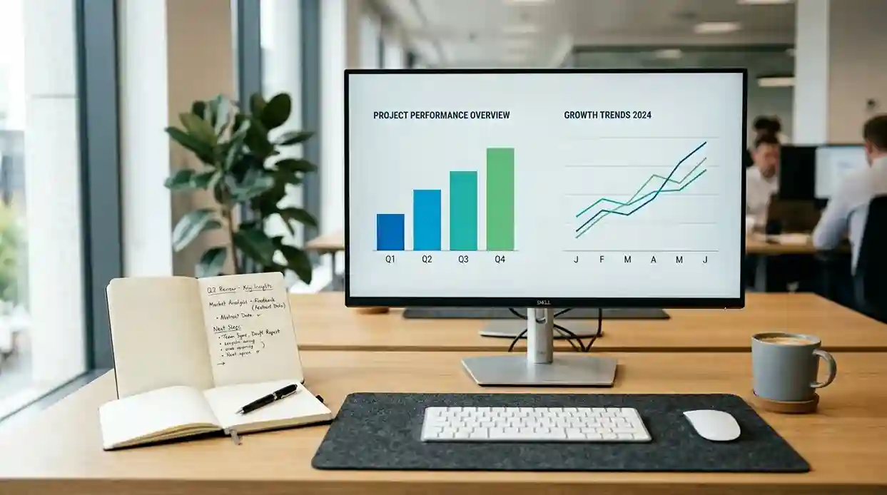 Professioneller Arbeitsplatz mit Monitor zeigt Diagramme und Grafiken zur Datenanalyse