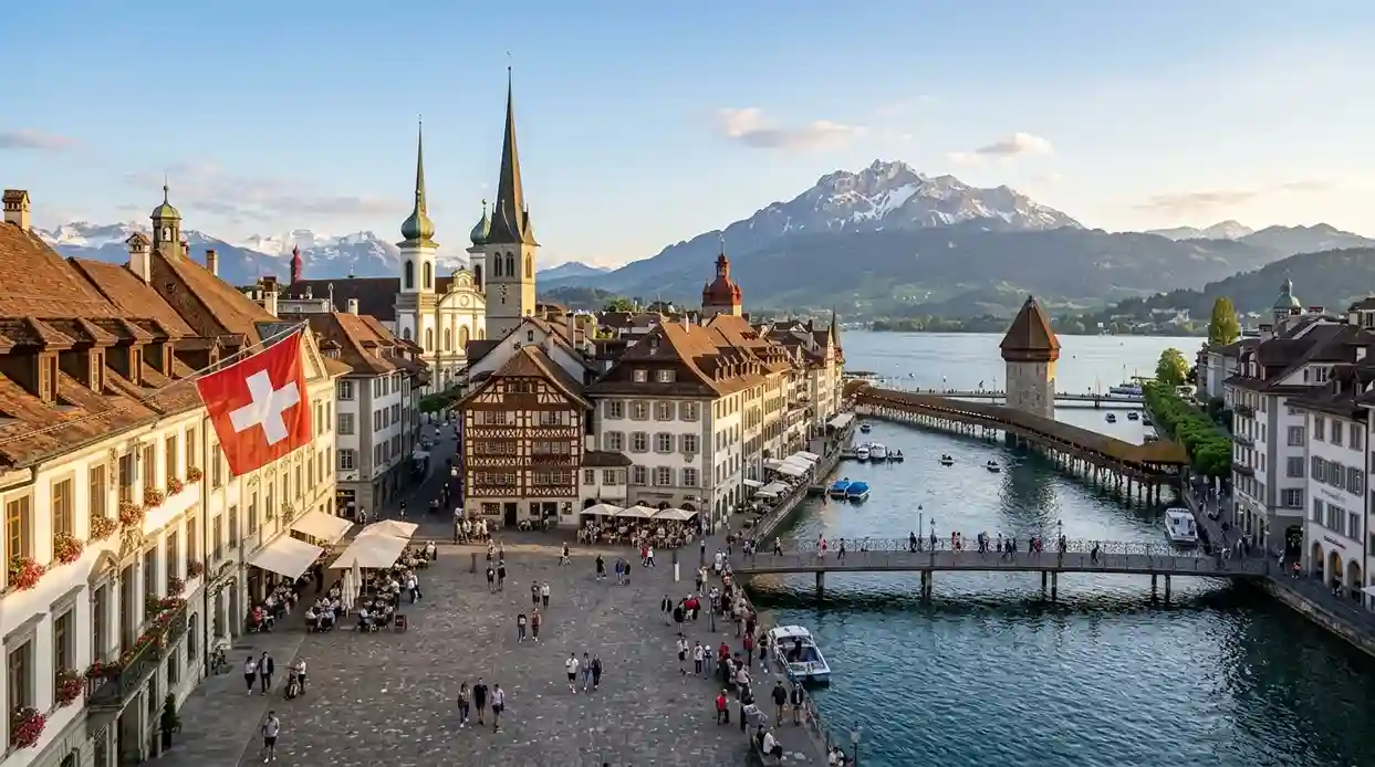 Malerische Schweizer Stadtansicht mit traditioneller Architektur und Alpenpanorama im Hintergrund