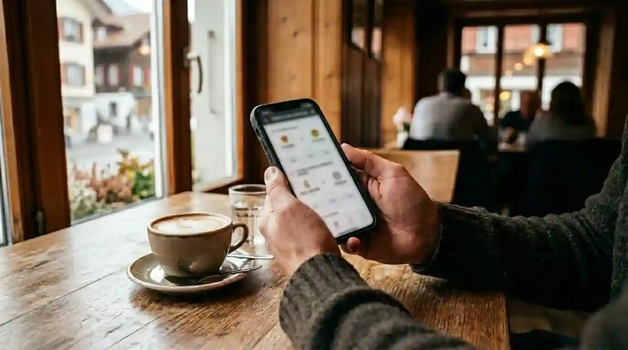 Person nutzt Smartphone für Sportwetten in einem Café
