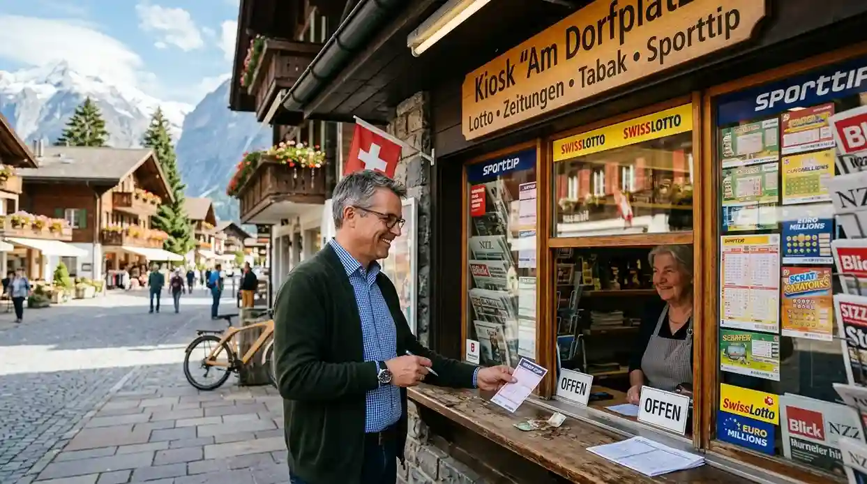 Schweizer Kiosk mit Sportwetten-Angebot an einem typischen Samstagnachmittag