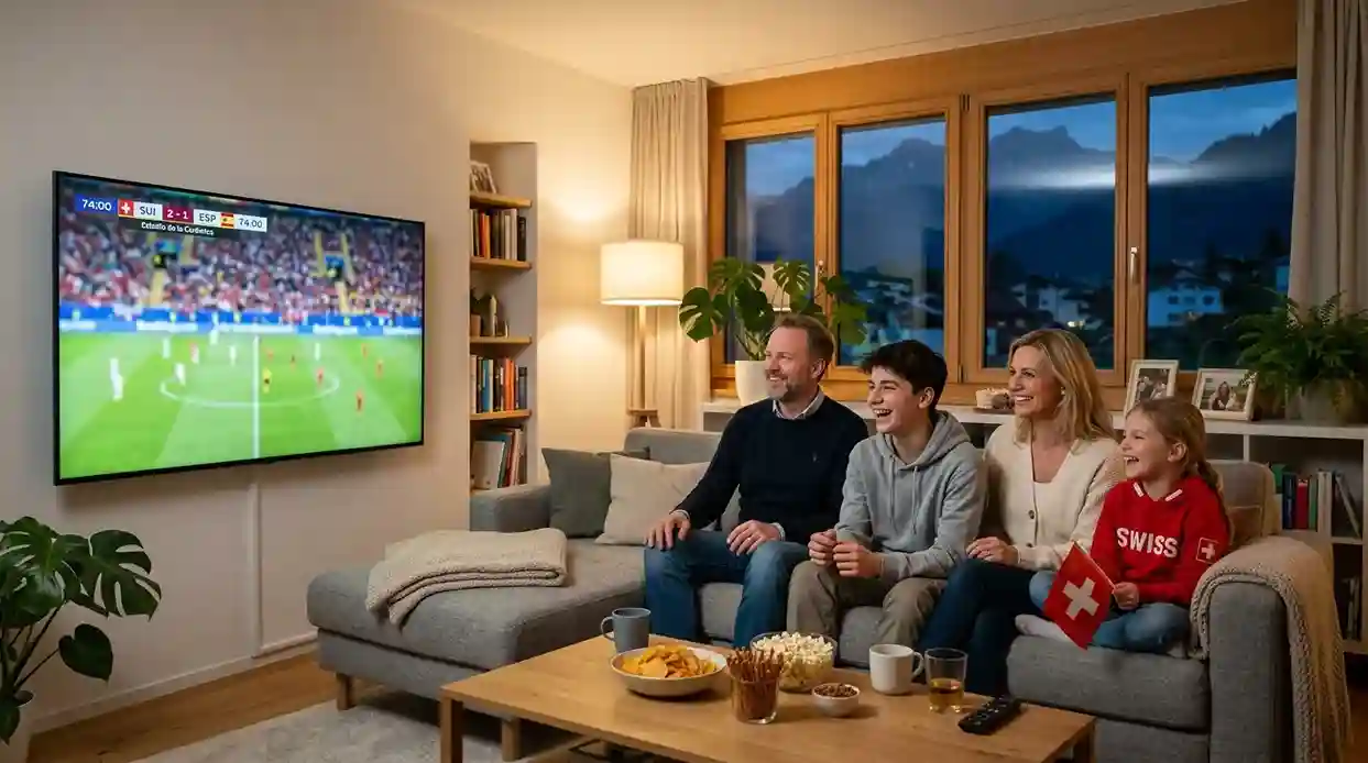 Zufriedener Sportwetten-Fan verfolgt ein Fussballspiel im Wohnzimmer