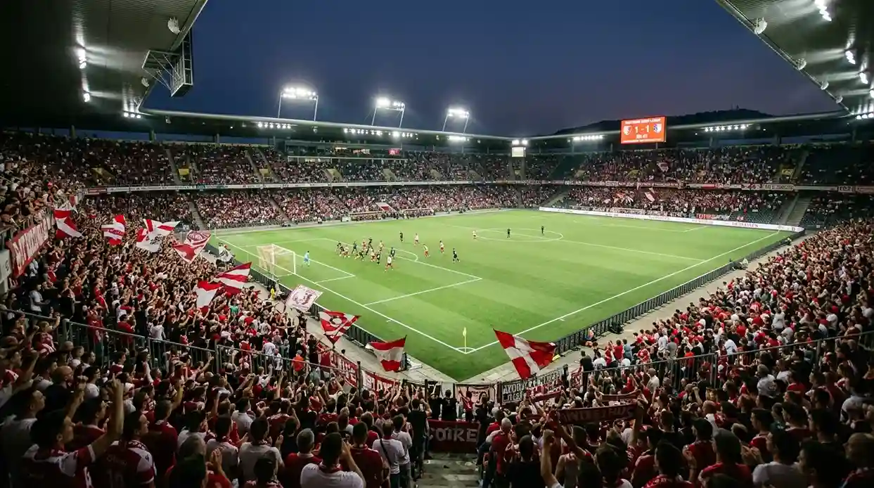 Fussballspiel in einem Schweizer Stadion mit Anzeigetafel