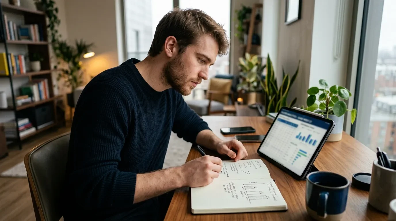 Wettbegeisterter plant seine Wettstrategie mit Notizen
