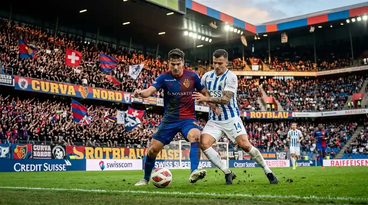 Swiss Super League Spiel mit Spielern auf dem Rasen und vollen Tribünen