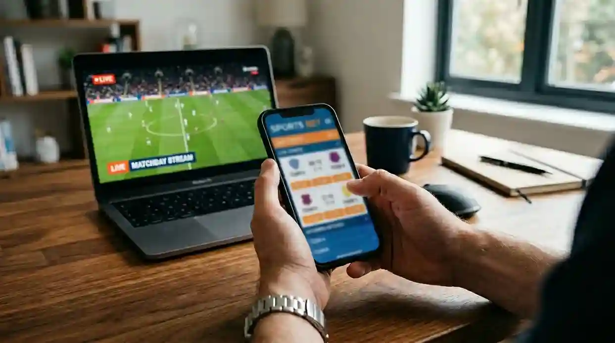 Person hält Smartphone mit Sportwetten-App und analysiert Wettoptionen am Schreibtisch